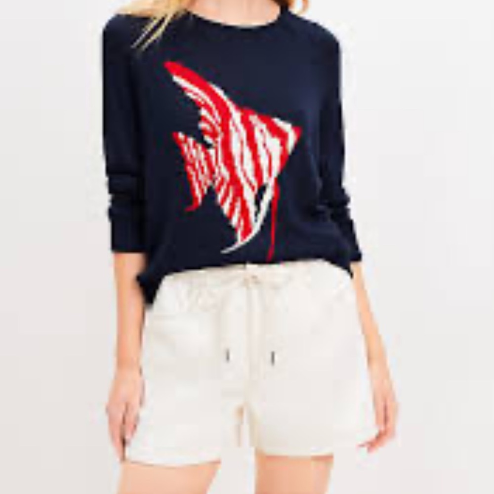 LOFT Sweater Pullover Crew Neck Blue Red Artistic Fish Preppy Beach Nautical